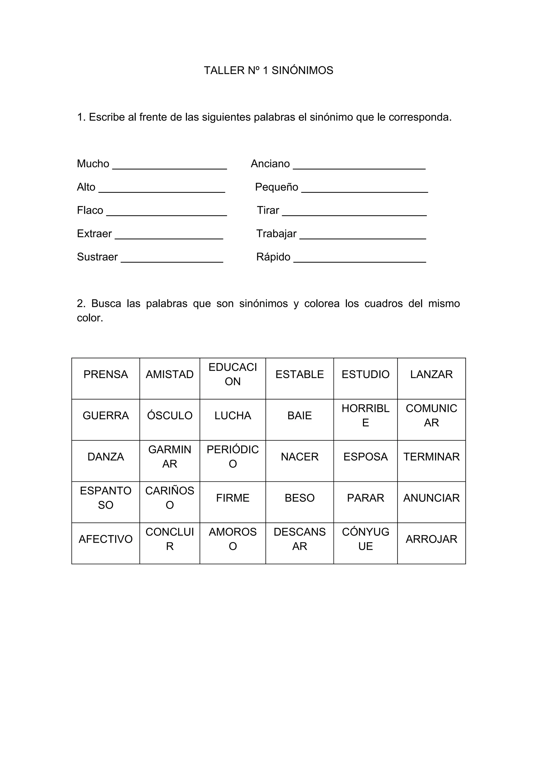 Taller nº 1 sinónimos | DOC