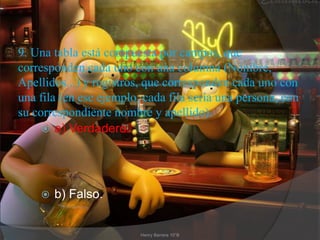 9. Una tabla está compuesta por campos, que
corresponden cada uno con una columna (Nombre,
Apellidos...) y registros, que corresponden cada uno con
una fila (en ese ejemplo, cada fila sería una persona, con
su correspondiente nombre y apellido).
 a) Verdadero.
 b) Falso.
Henry Barrera 10°B
 