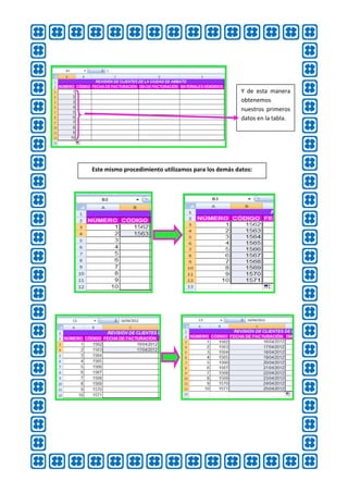 Y de esta manera
                                                     obtenemos
                                                     nuestros primeros
                                                     datos en la tabla.




Este mismo procedimiento utilizamos para los demás datos:
 