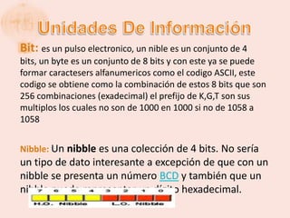 Bit: es un pulso electronico, un nible es un conjunto de 4
bits, un byte es un conjunto de 8 bits y con este ya se puede
formar caractesers alfanumericos como el codigo ASCII, este
codigo se obtiene como la combinación de estos 8 bits que son
256 combinaciones (exadecimal) el prefijo de K,G,T son sus
multiplos los cuales no son de 1000 en 1000 si no de 1058 a
1058


Nibble: Un nibble es una colección de 4 bits. No sería
un tipo de dato interesante a excepción de que con un
nibble se presenta un número BCD y también que un
nibble puede representar un dígito hexadecimal.
 