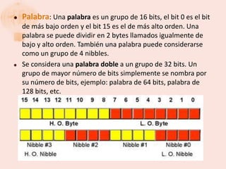    Palabra: Una palabra es un grupo de 16 bits, el bit 0 es el bit
    de más bajo orden y el bit 15 es el de más alto orden. Una
    palabra se puede dividir en 2 bytes llamados igualmente de
    bajo y alto orden. También una palabra puede considerarse
    como un grupo de 4 nibbles.
   Se considera una palabra doble a un grupo de 32 bits. Un
    grupo de mayor número de bits simplemente se nombra por
    su número de bits, ejemplo: palabra de 64 bits, palabra de
    128 bits, etc.
 
