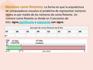 Números como flotantes: La forma en que la arquitectura
de computadoras resuelve el problema de representar números
reales es por medio de los números de coma flotante. Un
número coma flotante se divide en 3 secciones de
bits: signo,significante y exponente con signo.
                    Ejemplo de coma flotante de 8 bits
b7     b6      b5          b4        b3         b2       b1   b0
 