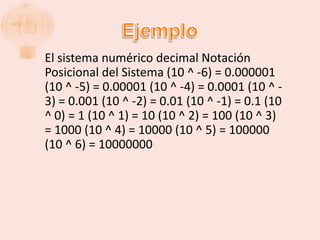 El sistema numérico decimal Notación
Posicional del Sistema (10 ^ -6) = 0.000001
(10 ^ -5) = 0.00001 (10 ^ -4) = 0.0001 (10 ^ -
3) = 0.001 (10 ^ -2) = 0.01 (10 ^ -1) = 0.1 (10
^ 0) = 1 (10 ^ 1) = 10 (10 ^ 2) = 100 (10 ^ 3)
= 1000 (10 ^ 4) = 10000 (10 ^ 5) = 100000
(10 ^ 6) = 10000000
 