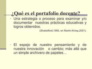 ¿Qué es el portafolio docente? Una estrategia o proceso para examinar y/o documentar  nuestras prácticas educativas y logros obtenidos.  (Shakelford,1995, en Martin-Kniep,2001). El espejo de nuestro pensamiento y de nuestra innovación  o cambio; más allá que un simple archivero de papeles… 