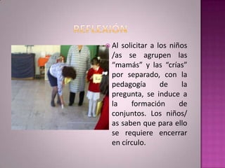  Al solicitar a los niños
  /as se agrupen las
  “mamás” y las “crías”
  por separado, con la
  pedagogía       de     la
  pregunta, se induce a
  la    formación       de
  conjuntos. Los niños/
  as saben que para ello
  se requiere encerrar
  en círculo.
 