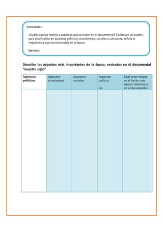 Actividades:

   ¿Cuáles son los hechos y aspectos que se tratan en el documental? Construye un cuadro
   para clasificarlos en aspectos políticos, económicos, sociales y culturales, señala la
   importancia que tuvieron estos en la época.

   Ejemplo:



Describe los aspectos más importantes de la época, revisados en el documental
“nuestro siglo”
Aspectos         Aspectos           Aspectos           Aspectos           Cual crees tú que
políticos        económicos         sociales           cultura            es el hecho con
                                                                          mayor relevancia
                                                       les                en el documental.
 