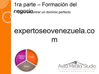 1ra parte – Formación del
negocio• Como encontrar un dominio perfecto
Local
Marca
Palabra
Clave
expertoseovenezuela.co
m
 