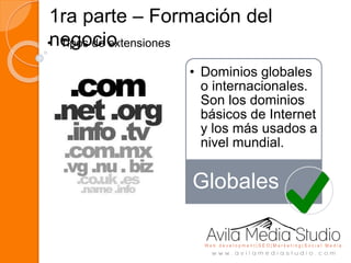 1ra parte – Formación del
negocio• Tipos de extensiones
• Dominios globales
o internacionales.
Son los dominios
básicos de Internet
y los más usados a
nivel mundial.
Globales
 