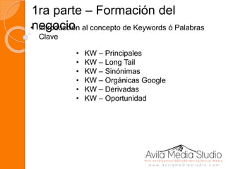 1ra parte – Formación del
negocio• Introducción al concepto de Keywords ó Palabras
Clave
• KW – Principales
• KW – Long Tail
• KW – Sinónimas
• KW – Orgánicas Google
• KW – Derivadas
• KW – Oportunidad
 