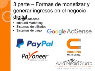 3 parte – Formas de monetizar y
generar ingresos en el negocio
digital• Google adsense
• Inbound Marketing
• Sistemas de afiliados
• Sistemas de pago
 