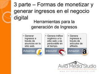 3 parte – Formas de monetizar y
generar ingresos en el negocio
digital
• Generar
ingresos a
través de
anuncios en tu
sitio web.
Adsense
• Genera tráfico
orgánico a tu
sitio web y es
perdurable en
el tiempo.
Inbound
• Genera
ingresos a
través de
artículos de
afiliado.
Amazon
Herramientas para la
generación de Ingresos
 