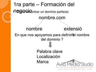 1ra parte – Formación del
negocio• Como encontrar un dominio perfecto
nombre.com
nombre extensió
nEn que nos apoyamos para definir el nombre
del dominio ?
Palabra clave
Localización
Marca
 
