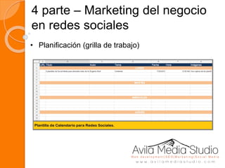 4 parte – Marketing del negocio
en redes sociales
• Planificación (grilla de trabajo)
 