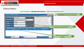 DITEN – Dirección Técnico Normativo de Docentes
Reasignación Externa
RD Nº 582-2013-ED NORMAS DE PROCEDIMIENTO PARA REASIGNACIONES
En el formulario de Acción de Personal seleccionar
“REASIGNACION” y luego el tipo de reasignación
Buscar a la persona con el apellido paterno y
nombre y le das la opción buscar
Seleccionar la persona en
mención
1
Para la realizar la Reasignación Externa , seguir los siguientes pasos:
2
3
Sistema NeXus:
 