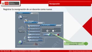 DITEN – Dirección Técnico Normativo de Docentes
Reasignación
RD Nº 582-2013-ED NORMAS DE PROCEDIMIENTO PARA REASIGNACIONES
1
En el menú Personal Registro de
personal elegir CAP
Registrar la reasignación de un docente como nuevo
 