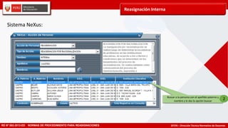 DITEN – Dirección Técnico Normativo de DocentesRD Nº 582-2013-ED NORMAS DE PROCEDIMIENTO PARA REASIGNACIONES
Reasignación Interna
Sistema NeXus:
Buscar a la persona con el apellido paterno y
nombre y le das la opción buscar
2
 