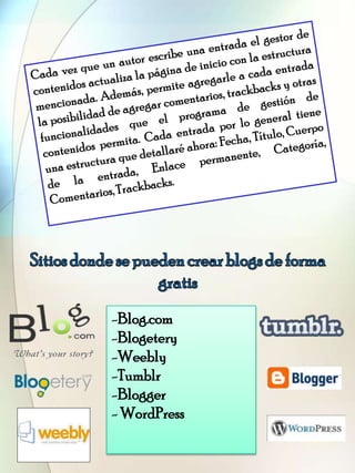 -Blog.com
-Blogetery
-Weebly
-Tumblr
-Blogger
- WordPress
 