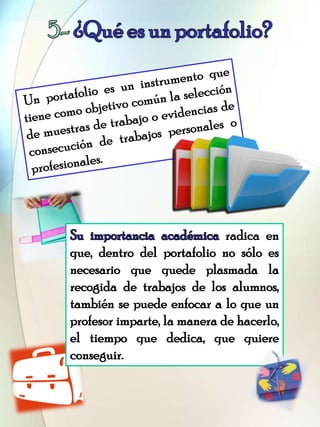 radica en
que, dentro del portafolio no sólo es
necesario que quede plasmada la
recogida de trabajos de los alumnos,
tambi...