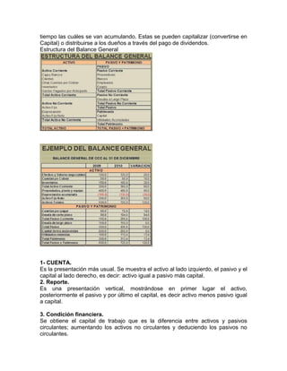 tiempo las cuáles se van acumulando. Estas se pueden capitalizar (convertirse en
Capital) o distribuirse a los dueños a través del pago de dividendos.
Estructura del Balance General




1- CUENTA.
Es la presentación más usual. Se muestra el activo al lado izquierdo, el pasivo y el
capital al lado derecho, es decir: activo igual a pasivo más capital.
2. Reporte.
Es una presentación vertical, mostrándose en primer lugar el activo,
posteriormente el pasivo y por último el capital, es decir activo menos pasivo igual
a capital.

3. Condición financiera.
Se obtiene el capital de trabajo que es la diferencia entre activos y pasivos
circulantes; aumentando los activos no circulantes y deduciendo los pasivos no
circulantes.
 