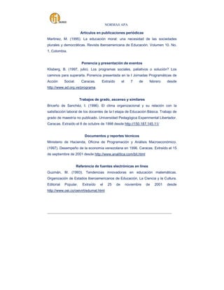 NORMAS APA
Artículos en publicaciones periódicas
Martinez, M. (1995). La educación moral: una necesidad de las sociedades
plurales y democráticas. Revista Iberoamericana de Educación. Volumen 10. No.
1, Colombia.

Ponencia y presentación de eventos
Klisberg, B. (1997, julio). Los programas sociales, paliativos o solución? Los
caminos para superarla. Ponencia presentada en la I Jornadas Programáticas de
Acción

Social.

Caracas.

Extraído

el

7

de

febrero

desde

http://www.ad.org.ve/programa.
Trabajos de grado, ascenso y similares
Briceño de Sanchéz, I. (1996). El clima organizacional y su relación con la
satisfacción laboral de los docentes de la I etapa de Educación Básica. Trabajo de
grado de maestría no publicado. Universidad Pedagógica Experimental Libertador.
Caracas. Extraído el 8 de octubre de 1998 desde http://150.187.145.11/

Documentos y reportes técnicos
Ministerio de Hacienda, Oficina de Programación y Análisis Macroeconómico.
(1997). Desempeño de la economía venezolana en 1996. Caracas. Extraído el 15
de septiembre de 2001 desde http://www.analítica.com/bit.html

Referencia de fuentes electrónicas en línea
Guzmán, M. (1993). Tendencias innovadoras en educación matemáticas.
Organización de Estados Iberoamericanos de Educación, La Ciencia y la Cultura.
Editorial

Popular.

Extraído

el

25

de

noviembre

de

2001

desde

http://www.oei.co/oeivirt/edumat.html

_____________________________________________________________________________________

 