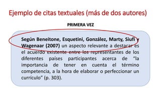 Ejemplo de citas textuales (más de dos autores)
PRIMERA VEZ
Según Beneitone, Esquetini, González, Marty, Siufi y
Wagenaar ...