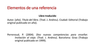 Elementos de una referencia
Libro traducido
Autor. (año). Título del libro. (Trad. J. Andreu). Ciudad: Editorial (Trabajo
...