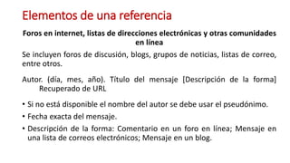 Elementos de una referencia
Foros en internet, listas de direcciones electrónicas y otras comunidades
en línea
Se incluyen...