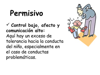 Permisivo
 Control bajo, afecto y
comunicación alto:
Aquí hay un exceso de
tolerancia hacia la conducta
del niño, especialmente en
el caso de conductas
problemáticas.
 