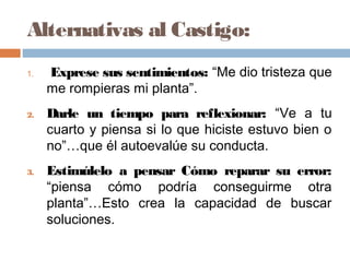 Alternativas al Castigo:
1. Exprese sus sentimientos: “Me dio tristeza que
me rompieras mi planta”.
2. Darle un tiempo para reflexionar: “Ve a tu
cuarto y piensa si lo que hiciste estuvo bien o
no”…que él autoevalúe su conducta.
3. Estimúlelo a pensar Cómo reparar su error:
“piensa cómo podría conseguirme otra
planta”…Esto crea la capacidad de buscar
soluciones.
 