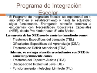 Programa de Integración
Escolar El Programa de Integración Escolar, se implementó en el
año 2012 en el establecimiento y hasta la actualidad
sigue funcionando. Entregando atención continua a
estudiantes con Necesidades Educativas Especiales
(NEE), desde Pre-kínder hasta 8° año Básico.
La mayoría de las NEE son de caráctertransitorio como:
 Trastornos Específicos del Lenguaje (TEL)
 Dificultades Específicas del Aprendizaje (DEA)
 Trastorno de Déficit Atencional (TDA)
Además, se entrega atención a estudiantes con NEE de
carácterpermanente como:
 Trastorno del Espectro Autista (TEA)
 Discapacidad Intelectual Leve (DIL)
 Funcionamiento Intelectual Limítrofe (FIL)
 