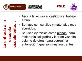 Laentradaala
escuela
usualmente… • Asocia la lectura al castigo y al trabajo
arduo
• Se hace con cartillas y materiales muy
aburridos.
• Se usan ejercicios como planas (para
mejorar la caligrafía) y leer en voz alta
delante de otros (para corregir la
entonación) que son muy frustrantes.
PNLE
 