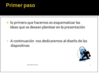  lo primero que hacemos es esquematizar las
ideas que se desean plantear en la presentación
 A continuación nos dedicaremos al diseño de las
diapositivas
www.ToFormas.Com 3
 
