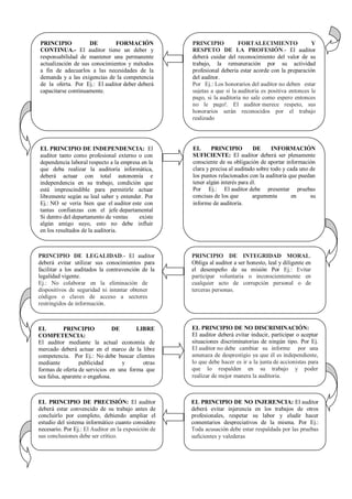 PRINCIPIO           DE        FORMACIÓN                   PRINCIPIO           FORTALECIMIENTO                Y
     CONTINUA.- El auditor tiene un deber y                    RESPETO DE LA PROFESIÓN.- El auditor
     responsabilidad de mantener una permanente                deberá cuidar del reconocimiento del valor de su
     actualización de sus conocimientos y métodos              trabajo, la remuneración por su actividad
     a fin de adecuarlos a las necesidades de la               profesional debería estar acorde con la preparación
     demanda y a las exigencias de la competencia              del auditor.
     de la oferta. Por Ej.: El auditor deber deberá            Por Ej.: Los honorarios del auditor no deben estar
     capacitarse continuamente.                                sujetas a que si la auditoria es positiva entonces le
                                                               pago, si la auditoria no sale como espero entonces
                                                               no le pago!. El auditor merece respeto, sus
6.                                                             honorarios serán reconocidos por el trabajo
                                                               realizado
                                                          7.



     EL PRINCIPIO DE INDEPENDENCIA: El                         EL      PRINCIPIO         DE      INFORMACIÓN
     auditor tanto como profesional externo o con              SUFICIENTE: El auditor deberá ser plenamente
     dependencia laboral respecto a la empresa en la           consciente de su obligación de aportar información
     que deba realizar la auditoría informática,               clara y precisa al auditado sobre todo y cada uno de
     deberá actuar con total autonomía e                       los puntos relacionados con la auditoría que puedan
     independencia en su trabajo, condición que                tener algún interés para él.
     está imprescindible para permitirle actuar                Por Ej.: El auditor debe presentar pruebas
     libremente según su leal saber y entender. Por            concisas de los que       argumenta        en     su
     Ej.: NO se vería bien que el auditor este con             informe de auditoría.
     tantas confianzas con el jefe departamental
     Si dentro del departamento de ventas     existe
     algún amigo suyo, esto no debe influir
     en los resultados de la auditoria.



     PRINCIPIO DE LEGALIDAD.- El auditor                       PRINCIPIO DE INTEGRIDAD MORAL.
     deberá evitar utilizar sus conocimientos para             Obliga al auditor a ser honesto, leal y diligente en
     facilitar a los auditados la contravención de la          el desempeño de su misión Por Ej.: Evitar
     legalidad vigente.                                        participar voluntaria o inconscientemente en
     Ej.: No colaborar en la eliminación de                    cualquier acto de corrupción personal o de
     dispositivos de seguridad ni intentar obtener             terceras personas.
     códigos o claves de acceso a sectores                8.
     restringidos de información.
9.


     EL          PRINCIPIO           DE      LIBRE             EL PRINCIPIO DE NO DISCRIMINACIÓN:
     COMPETENCIA:                                              El auditor deberá evitar inducir, participar o aceptar
     El auditor mediante la actual economía de                 situaciones discriminatorias de ningún tipo. Por Ej.
     mercado deberá actuar en el marco de la libre             El auditor no debe cambiar su informe por una
     competencia. Por Ej.: No debe buscar clientes             amenaza de desprestigio ya que él es independiente,
     mediante          publicidad       y      otras           lo que debe hacer es ir a la junta de accionistas para
     formas de oferta de servicios en una forma que            que lo respalden en su trabajo y poder
     sea falsa, aparente o engañosa.                           realizar de mejor manera la auditoria.



     EL PRINCIPIO DE PRECISIÓN: El auditor                     EL PRINCIPIO DE NO INJERENCIA: El auditor
     deberá estar convencido de su trabajo antes de            deberá evitar injerencia en los trabajos de otros
     concluirlo por completo, debiendo ampliar el              profesionales, respetar su labor y eludir hacer
     estudio del sistema informático cuanto considere          comentarios despreciativos de la misma. Por Ej.:
     necesario. Por Ej.: El Auditor en la exposición de        Toda acusación debe estar respaldada por las pruebas
     sus conclusiones debe ser crítico.                        suficientes y valederas
 