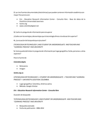 2. Las tres fuentes documentales (electrónicas) que pueden contener información académica con 
mayor frecuencia son: 
 Eric - Education Research Information Center - Consulta libre - Base de datos de la 
Pontificia Universidad Javeriana 
 Scielo.org 
 www.colombiadigital.net 
3. Cuál es la pregunta de información para recuperar 
¿Cuáles son las ventajas y desventajas que la tecnología ofrece a la educación superior? 
4. ¿La ecuación de búsqueda que ejecutare? 
(TECNOLOGIA OR TECHNOLOGY ) AND STUDENT OR UNDERGRADUATE AND TEACHER AND 
“LEARNING PROCESS” AND UNIVERSITY 
5. Como puedo delimitar mi pregunta de información por lugar geográfico, fecha, personas u otros 
aspectos? 
Para la fuente de: 
Colombia digita 
 Relevancia 
 Imagen 
Scielo.org.co 
((TECNOLOGIA OR TECHNOLOGY ) + STUDENT OR UNDERGRADUATE + TEACHER AND “LEARNING 
PROCESS” + UNIVERSITY) LOCATION: COLOMBIA 
 Lugar geográfico: Colombia, América Latina 
 Método: Google Scholar 
Eric - Education Research Information Center - Consulta libre 
Ecuación de búsqueda: 
TI(TECNOLOGIA OR TECHNOLOGY ) AND STUDENT OR UNDERGRADUATE AND TEACHER AND 
“LEARNING PROCESS” AND UNIVERSITY 
 Búsqueda avanzada 
 Fecha de publicación : 2006-2014 
 
