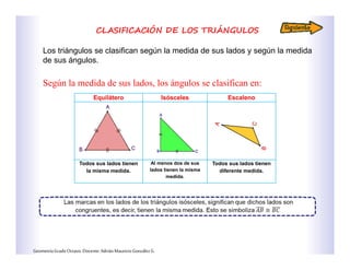 CLASIFICACIÓN DE LOS TRIÁNGULOS
Los triángulos se clasifican según la medida de sus lados y según la medida
de sus ángulos.
Según la medida de sus lados, los ángulos se clasifican en:
Equilátero Isósceles Escaleno
Todos sus lados tienen
la misma medida.
Al menos dos de sus
lados tienen la misma
medida.
Todos sus lados tienen
diferente medida.
GeometríaGradoOctavo.Docente:AdriánMauricioGonzálezG.
 