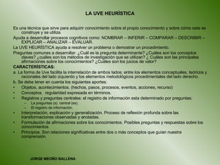 LA UVE HEURÍSTICA Es una técnica que sirve para adquirir conocimiento sobre el propio conocimiento y sobre cómo este se construye y se utiliza. Ayuda a desarrollar procesos cognitivos como: NOMBRAR – INFERIR – COMPARAR – DESCRIBIR – EXPLICAR – ANALIZAR – EVALUAR. La UVE HEURÍSTICA ayuda a resolver un problema o demostrar un procedimiento. Preguntas comunes a desarrollar: ¿Cuál es la pregunta determinante? ¿Cuáles son los conceptos claves? ¿cuáles son los métodos de investigación que se utilizan? ¿ Cuáles son las principales afirmaciones sobre los conocimientos? ¿Cuáles son los juicios de valor? CARACTERÍSTICAS: a. La forma de Uve facilita la interrelación de ambos lados; entre los elementos conceptuales, teóricos y racionales del lado izquierdo y los elementos metodológicos procedimentales del lado derecho.  b. Se debe tener en cuenta los siguientes aportes: Objetos, acontecimientos. (hechos, pasos, procesos, eventos, acciones, recurso) Conceptos.  regularidad expresada en términos. Registros y preguntas centrales: el registro de información esta determinado por preguntas: La preguntas (s)  central (es). El registro de información. Interpretación, explicación y generalización. Proceso de reflexión profunda sobre las transformaciones observadas y anotadas. Formulación de afirmaciones sobre los conocimientos. Posibles preguntas y respuestas sobre los conocimientos. Principios. Son relaciones significativas entre dos o más conceptos que guían nuestra comprensión.  JORGE MEOÑO BALLENA 