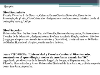 Ejemplo: 
Nivel Secundario 
Escuela Victorina L. de Navarro, Orientación en Ciencias Naturales, Docente de 
Psicología, de 4º año, Ciclo Orientado, designada en tres horas como interina, desde el 
20/05/89 hasta 5/06/99. 
Nivel Superior 
Universidad Nac. De San Juan, Fac. de Filosofía, Humanidades y Artes, Profesorado en 
Ciencias de la Educación, designada como Profesor Asociado Simple, carácter Efectivo 
(cargo ganado por concurso de Antecedentes y Oposición), con funciones en Didáctica 
de Niveles II, desde el 1/04/00, continuando a la fecha. 
2010 - EXPOSITORA: “Universidad y Escuela: Camino al Bicentenario, 
construimos el aprendizaje y modos de enseñanza usando las TIC” 
organizado por directivos de la Escuela Jorge Luis Borges, el Departamento de 
Filosofía, Humanidades y Artes. Universidad Nacional de San Juan. 07 y 08 de mayo de 
2010. San Juan. Argentina. 
 