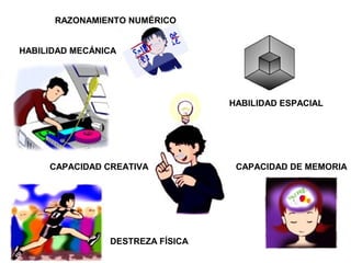 RAZONAMIENTO NUMÉRICO
HABILIDAD MECÁNICA
HABILIDAD ESPACIAL
CAPACIDAD DE MEMORIACAPACIDAD CREATIVA
DESTREZA FÍSICA
 