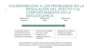 VULNERABILIDAD A LOS PROBLEMAS EN LA
REGULACIÓN DEL AFECTO Y EL
COMPORTAMIENTO EN LA
ADOLESCENCIA
Los desarrollos de la adolescencia temprana pueden derivar en una situación
similar a poner en marcha un coche sin tener un conductor experimentado al
volante (Steinberg)
Adolescencia
temprana
Adolescencia
media
Adolescencia
tardía
La pubertad aumenta la
reactividad emocional, la
búsqueda de sensaciones,
orientación a la recompensa
Periodo de vulnerabilidad
para correr riesgos,
problemas en la
regulación de afectos y
conductas
Maduración de los lóbulos
frontales que facilita la
competencia regulatoria
 