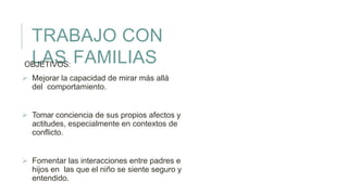 TRABAJO CON
LAS FAMILIASOBJETIVOS:
 Mejorar la capacidad de mirar más allá
del comportamiento.
 Tomar conciencia de sus propios afectos y
actitudes, especialmente en contextos de
conflicto.
 Fomentar las interacciones entre padres e
hijos en las que el niño se siente seguro y
entendido.
 