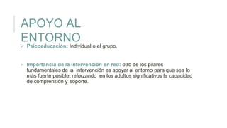 APOYO AL
ENTORNO
 Psicoeducación: Individual o el grupo.
 Importancia de la intervención en red: otro de los pilares
fundamentales de la intervención es apoyar al entorno para que sea lo
más fuerte posible, reforzando en los adultos significativos la capacidad
de comprensión y soporte.
 