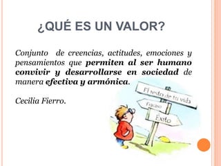 ¿QUÉ ES UN VALOR? 
Conjunto de creencias, actitudes, emociones y 
pensamientos que permiten al ser humano 
convivir y desarrollarse en sociedad de 
manera efectiva y armónica. 
Cecilia Fierro. 
 