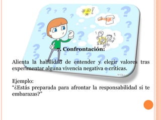 7. Confrontación: 
Alienta la habilidad de entender y elegir valores tras 
experimentar alguna vivencia negativa o críticas. 
Ejemplo: 
“¿Estás preparada para afrontar la responsabilidad si te 
embarazas?” 
 