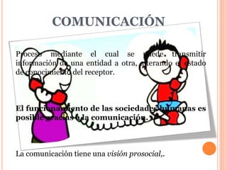 COMUNICACIÓN 
Proceso mediante el cual se puede transmitir 
información de una entidad a otra, alterando el estado 
de conocimiento del receptor. 
El funcionamiento de las sociedades humanas es 
posible gracias a la comunicación. 
La comunicación tiene una visión prosocial,. 
 