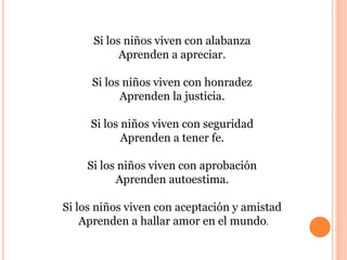 Si los niños viven con alabanza 
Aprenden a apreciar. 
Si los niños viven con honradez 
Aprenden la justicia. 
Si los niños viven con seguridad 
Aprenden a tener fe. 
Si los niños viven con aprobación 
Aprenden autoestima. 
Si los niños viven con aceptación y amistad 
Aprenden a hallar amor en el mundo. 
 