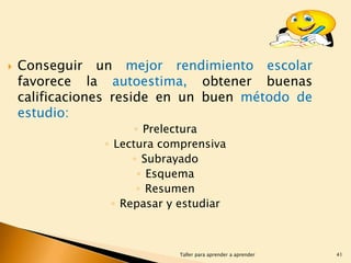 

Conseguir un mejor rendimiento escolar
favorece la autoestima, obtener buenas
calificaciones reside en un buen método de
estudio:
◦ Prelectura
◦ Lectura comprensiva
◦ Subrayado
◦ Esquema
◦ Resumen
◦ Repasar y estudiar

Taller para aprender a aprender

41

 