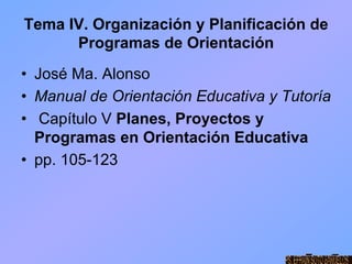 Tema IV. Organización y Planificación de
      Programas de Orientación
•  José Ma. Alonso
•  Manual de Orientación Educativa y Tutoría
•  Capítulo V Planes, Proyectos y
   Programas en Orientación Educativa
•  pp. 105-123
 