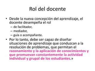 Rol del docente
• Desde la nueva concepción del aprendizaje, el
docente desempeña el rol
– de facilitador,
– mediador,
– guía o acompañante.
• Por lo tanto, debe ser capaz de diseñar
situaciones de aprendizaje que conduzcan a la
resolución de problemas, que permitan el
razonamiento y la aplicación de conocimientos y
que promuevan constantemente la actividad
individual y grupal de los estudiantes.»
 