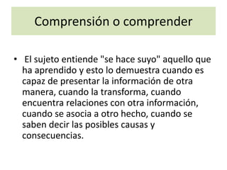 Comprensión o comprender
• El sujeto entiende "se hace suyo" aquello que
ha aprendido y esto lo demuestra cuando es
capaz de presentar la información de otra
manera, cuando la transforma, cuando
encuentra relaciones con otra información,
cuando se asocia a otro hecho, cuando se
saben decir las posibles causas y
consecuencias.
 
