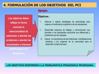 3.  Valorar  la importancia de las tradiciones, manifestaciones artísticas y los orígenes de la comunidad para el desarrollo cultural del país . Adecuar y aplicar estrategias de aprendizaje para mejorar el rendimiento académico de los estudiantes. Desarrollar espacios de diálogo y comunicación que permitan a los estudiantes solucionar sus diferencias y problemas que los aquejan. Objetivos : Ejemplo: 4. FORMULACIÓN DE LOS OBJETIVOS  DEL PCI Los objetivos deben reflejar en forma concreta la intencionalidad de solucionar o abordar los problemas o atender las necesidades e intereses identificados en el diagnóstico LOS OBJETIVOS RESPONDEN A LA PROBLEMÁTICA PEDAGÓGICA PRIORIZADA. 